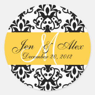 Sticker Rond Mariage Monogramme Enregistrer Date Jaune Damas Sc