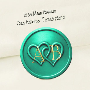 Sticker Rond Mariage Monogramme Entrelacé Deux Cœurs Aqua