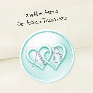 Sticker Rond Mariage Monogramme Entrelacé Deux Cœurs Aqua