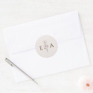 Sticker Rond Mariage Monogramme Floral Dessiné à la Main Sable