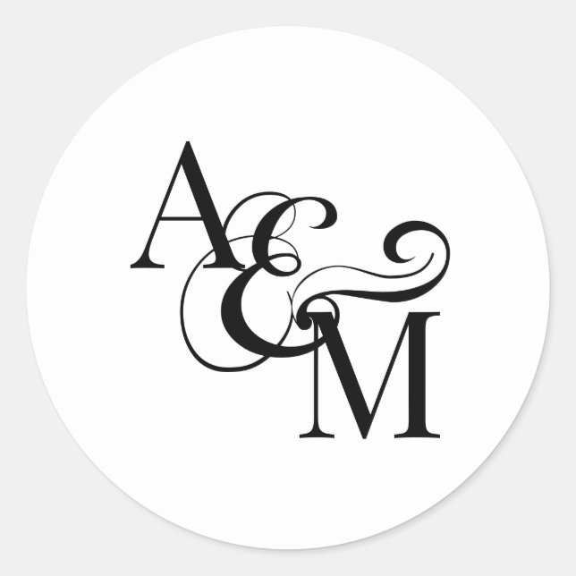 Sticker Rond Mariage Monogramme Noir Blanc Simple Élégant (Devant)