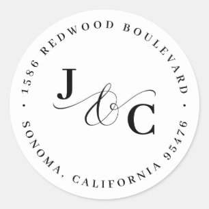 Sticker Rond Mariage Monogramme noir et blanc Adresse de retour