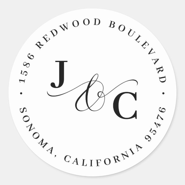 Sticker Rond Mariage Monogramme noir et blanc Adresse de retour (Devant)