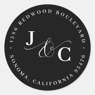 Sticker Rond Mariage Monogramme noir et blanc Adresse de retour