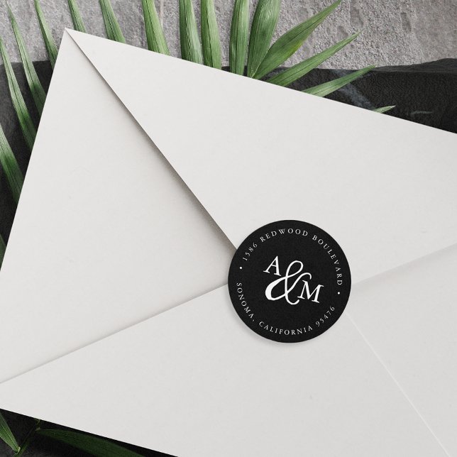 Sticker Rond Mariage Monogramme noir et blanc Adresse de retour (Créateur téléchargé)