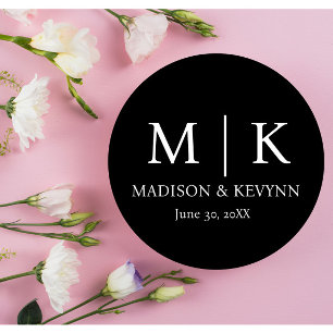 Sticker Rond Mariage monogramme noir et blanc minimaliste et él