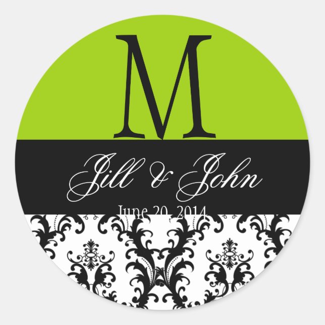 Sticker Rond Mariage Monogramme Noms Damask Apple Green Seal (Devant)