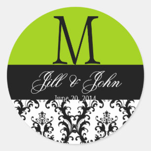 Sticker Rond Mariage Monogramme Noms Damask Apple Green Seal