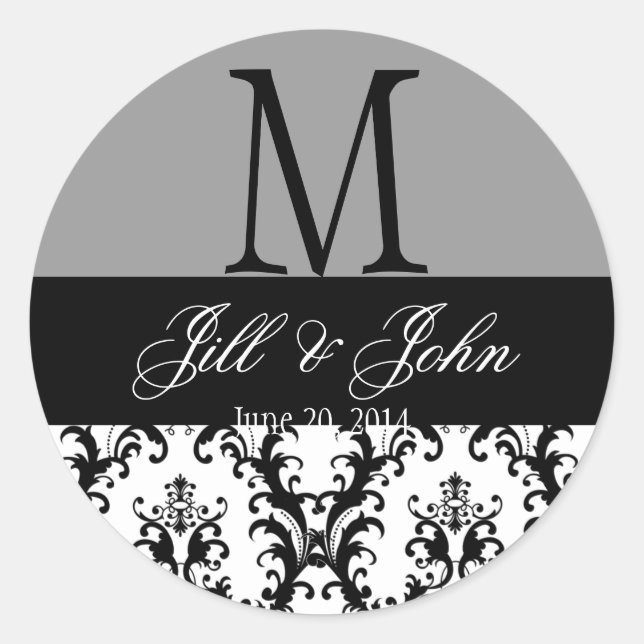 Sticker Rond Mariage Monogramme Noms Damask Grey Seal (Devant)