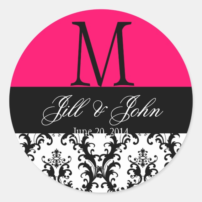 Sticker Rond Mariage Monogramme Noms Damask Hot Pink Seal (Devant)