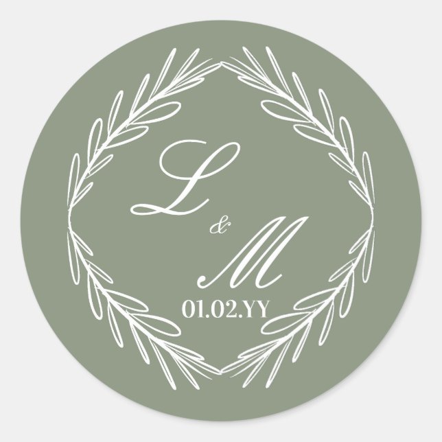 Sticker Rond Mariage Monogramme Script Branche Vert Sauge     (Devant)