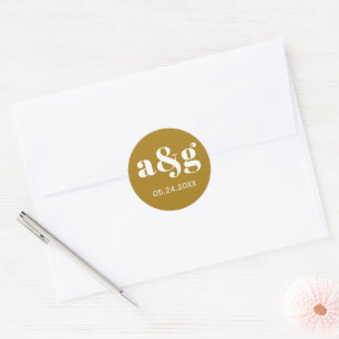 Sticker Rond Mariage monogramme simple et élégant brun doré