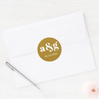 Sticker Rond Mariage monogramme simple et élégant brun doré