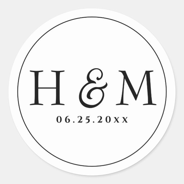 Sticker Rond Mariage Monogrammé Simple Typographie Élégante (Devant)