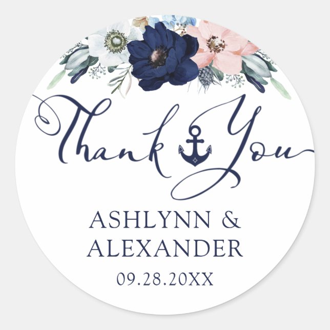 Sticker Rond Mariage nautique Ancre Florale Marine Merci bleu (Devant)