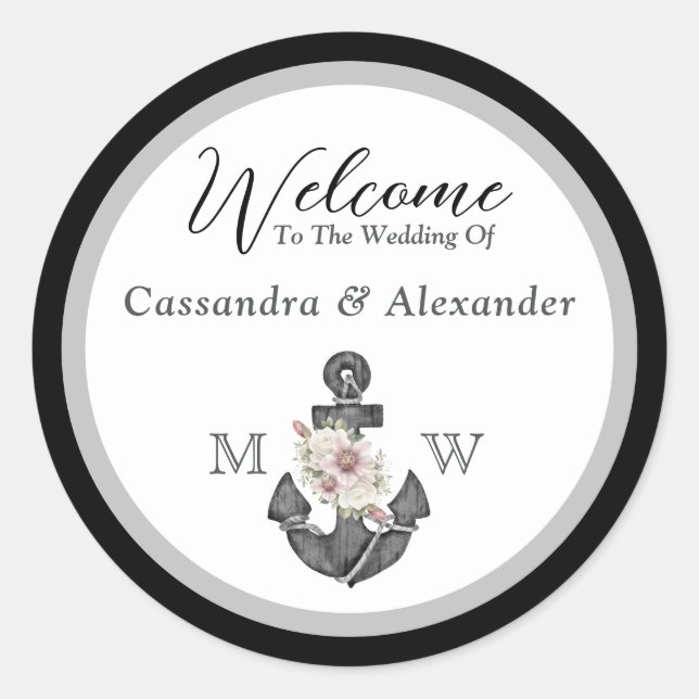 Sticker Rond Mariage nautique Ancre florale noir et blanc (Devant)