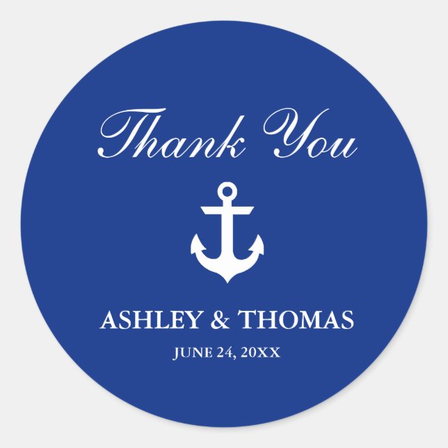 Sticker Rond Mariage nautique Ancre Merci bleu (Devant)