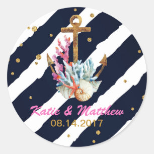 Sticker Rond Mariage nautique de coquillage d'Ancre d'aquarelle