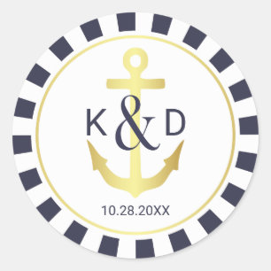 Sticker Rond Mariage nautique de marine et d'or