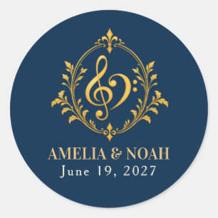Sticker Rond Mariage Navy Or Notes Musicales