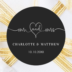 Sticker Rond Mariage noir blanc m. mrs coeur script