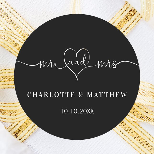 Sticker Rond Mariage noir blanc m. mrs coeur script (Créateur téléchargé)