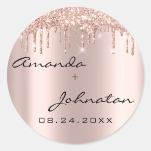 Sticker Rond Mariage Noir Date Nom Simplement Rose Drips