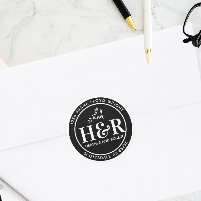 Sticker Rond Mariage noir et blanc Adresse de retour (Créateur téléchargé)