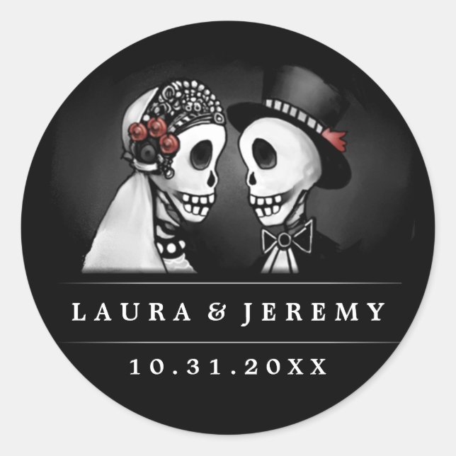 Sticker Rond Mariage noir Skeletons Red Roses Enveloppe Étiquet (Devant)