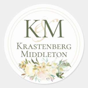 Sticker Rond Mariage Nom personnalisé Monogramme Crème blanche 