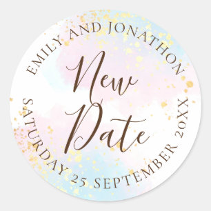 Sticker Rond Mariage Nouvelle date Pink Turquoise Aquarelle Or 