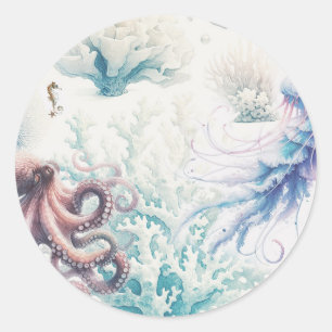 Sticker Rond Mariage Ocean Splash Sea Watercolor Reef