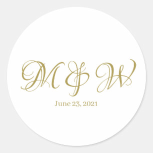 Sticker Rond Mariage or script monogramme élégant personnalisé 