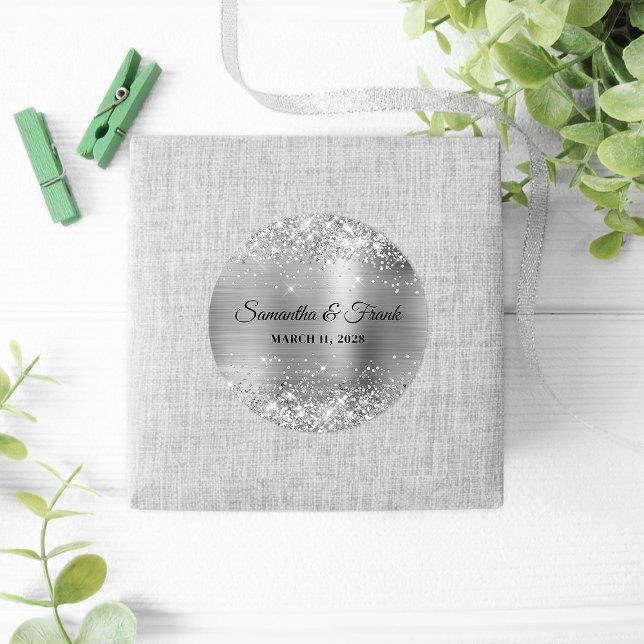 Sticker Rond Mariage Pailleté Argent Feuille (Wedding Favor Stickers)