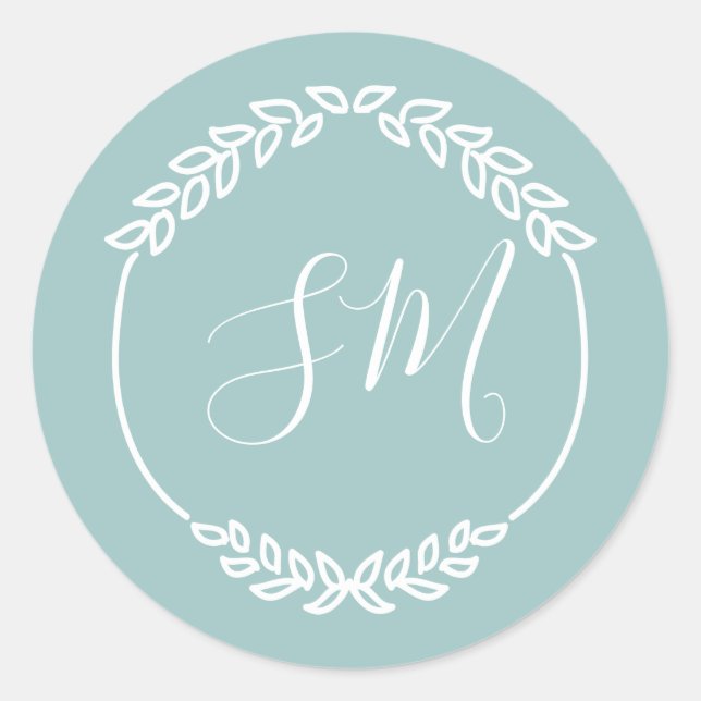 Sticker Rond Mariage Pastel Turquoise feuille blanche couronne (Devant)