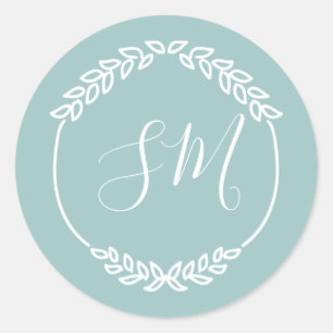 Sticker Rond Mariage Pastel Turquoise feuille blanche couronne