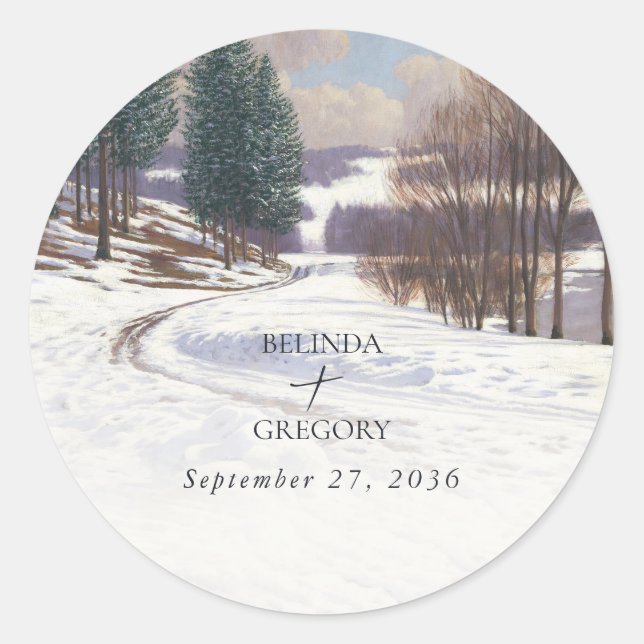 Sticker Rond Mariage paysage de neige aquarelle (Devant)