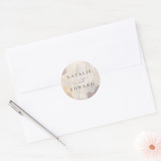 Sticker Rond Mariage peinte abstraite beige et crème (Enveloppe)