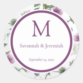 Sticker Rond Mariage Personnalisable Chic violet chardon Floral