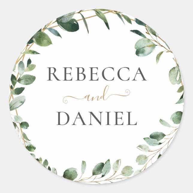 Sticker Rond Mariage personnalisé Eucalyptus de verdure géométr (Devant)