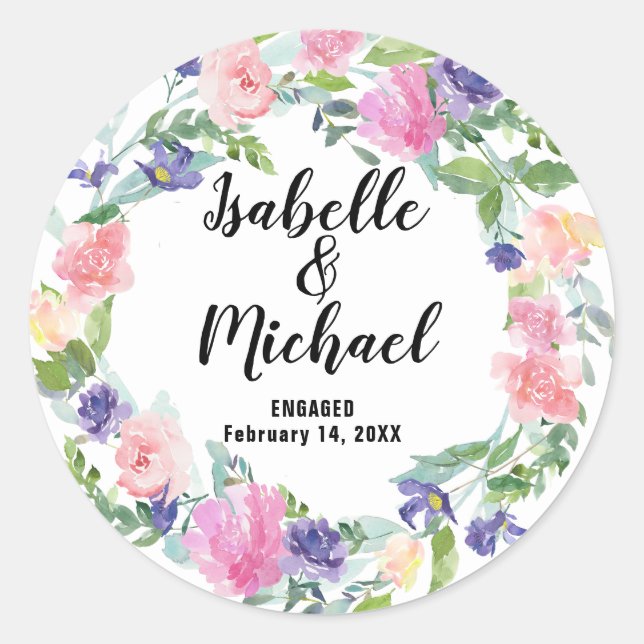 Sticker Rond Mariage personnalisé Fiançailles rose violet (Devant)