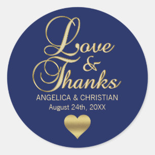 Sticker Rond Mariage PERSONNALISÉ MARINE BLUE Gold LOVE & MERCI