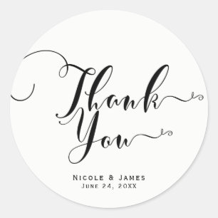Sticker Rond Mariage personnalisé Merci Noir Blanc Écriture Cad