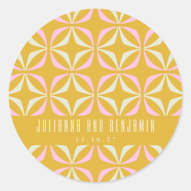 Sticker Rond Mariage Personnalisé Mid Mod Géométrique Jaune Ros (Devant)