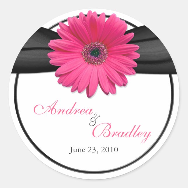 Sticker Rond Mariage personnalisé rose Gerbera Daisy noir (Devant)