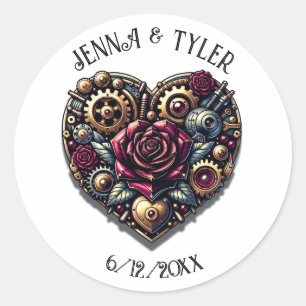 Sticker Rond Mariage personnalisé Steampunk Coeur et Roses