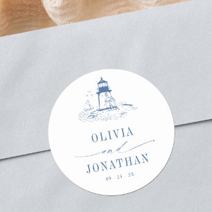 Sticker Rond Mariage Phare Toile Côtière Bleue
