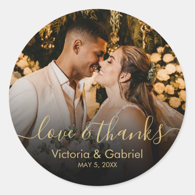 Sticker Rond Mariage photo Black Gold Script Love and Thanks (Devant)