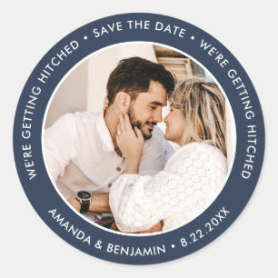 Sticker Rond Mariage photo bleu de la Marine moderne Enregistre