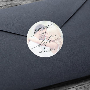 Sticker Rond Mariage photo défraîchi élégant Enregistrer la dat